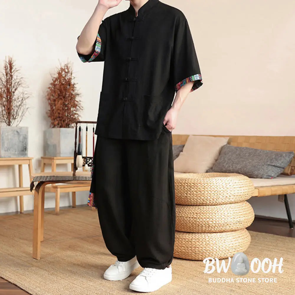 BWOOOH printed wide-leg yoga pants - 2Pcs Patchwork Chinese Frog-Button Shirt
