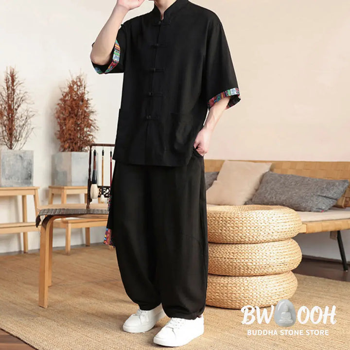 BWOOOH printed wide-leg yoga pants - 2Pcs Patchwork Chinese Frog-Button Shirt