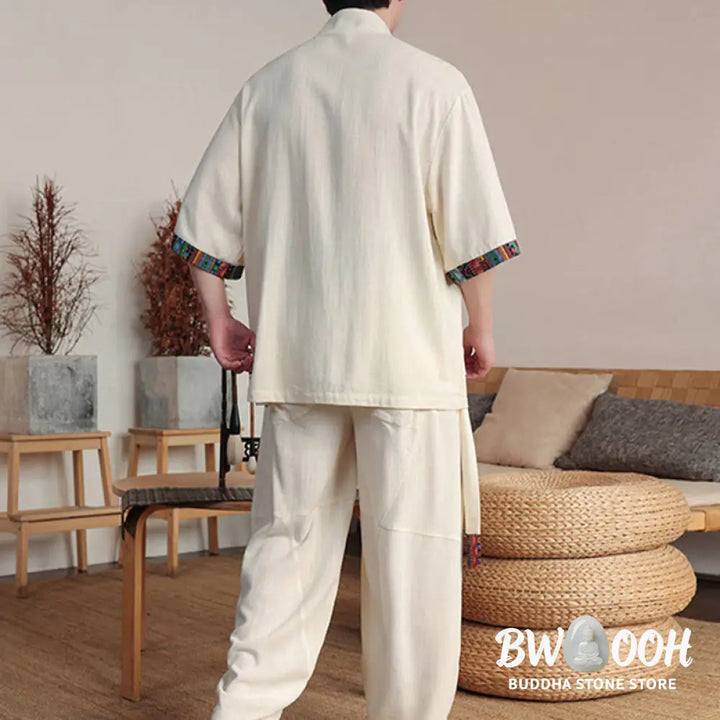 BWOOOH printed wide-leg yoga pants - 2Pcs Patchwork Chinese Frog-Button Shirt
