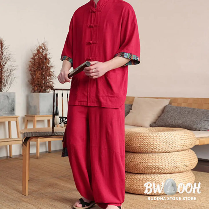 BWOOOH printed wide-leg yoga pants - 2Pcs Patchwork Chinese Frog-Button Shirt