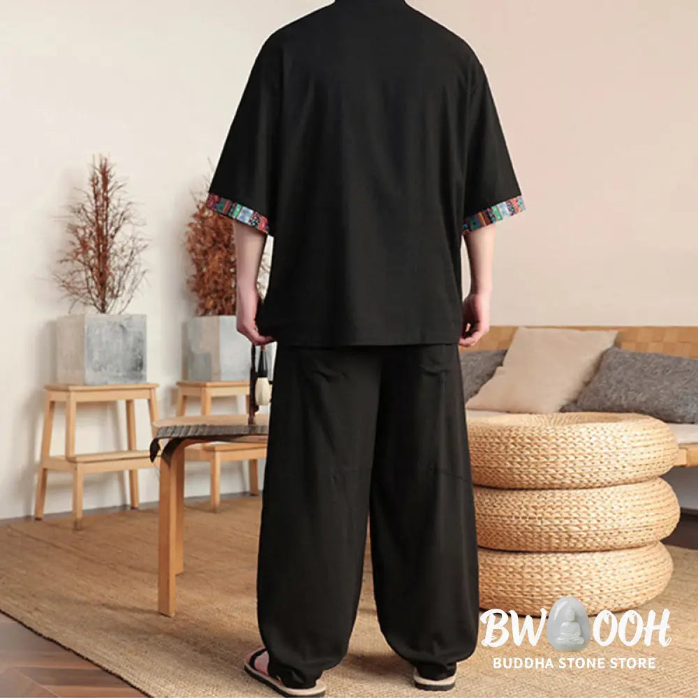 BWOOOH printed wide-leg yoga pants - 2Pcs Patchwork Chinese Frog-Button Shirt