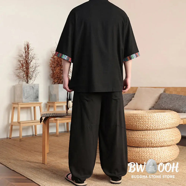 BWOOOH printed wide-leg yoga pants - 2Pcs Patchwork Chinese Frog-Button Shirt