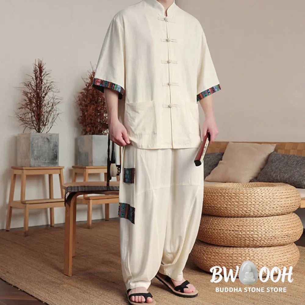 BWOOOH printed wide-leg yoga pants - 2Pcs Patchwork Chinese Frog-Button Shirt