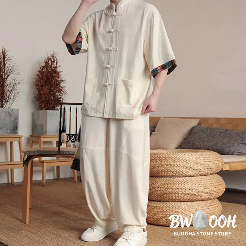 BWOOOH printed wide-leg yoga pants - 2Pcs Patchwork Chinese Frog-Button Shirt