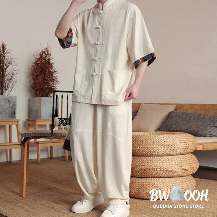 BWOOOH printed wide-leg yoga pants - 2Pcs Patchwork Chinese Frog-Button Shirt