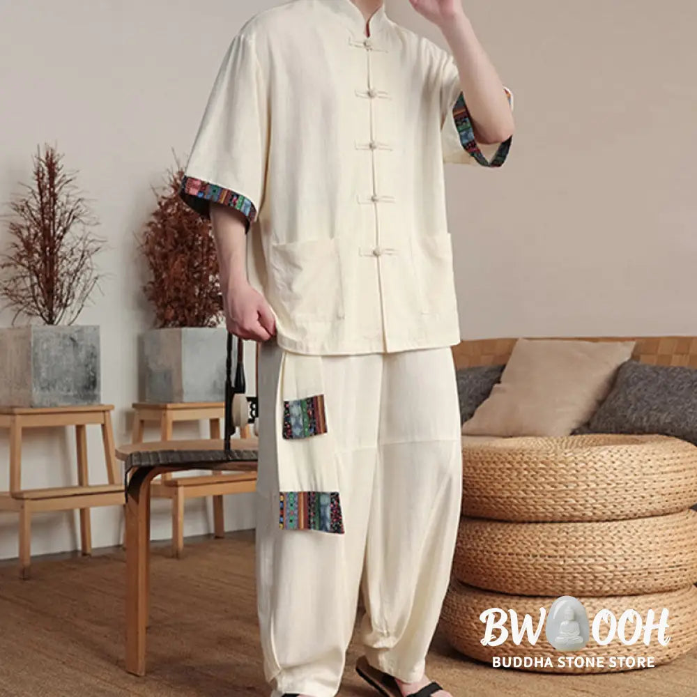 BWOOOH printed wide-leg yoga pants - 2Pcs Patchwork Chinese Frog-Button Shirt
