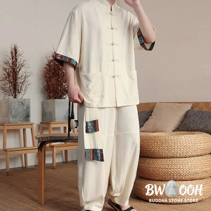 BWOOOH printed wide-leg yoga pants - 2Pcs Patchwork Chinese Frog-Button Shirt