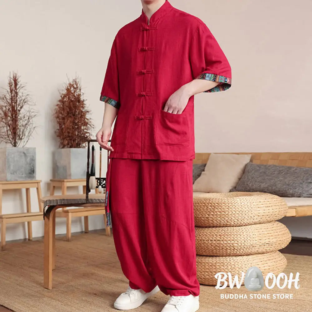 BWOOOH printed wide-leg yoga pants - 2Pcs Patchwork Chinese Frog-Button Shirt