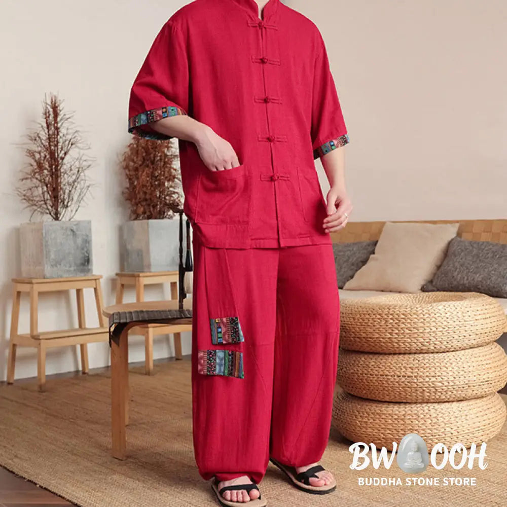 BWOOOH printed wide-leg yoga pants - 2Pcs Patchwork Chinese Frog-Button Shirt