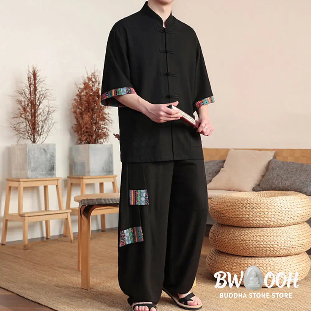 BWOOOH printed wide-leg yoga pants - 2Pcs Patchwork Chinese Frog-Button Shirt
