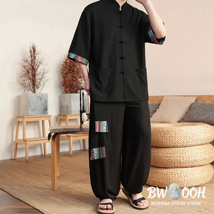 BWOOOH printed wide-leg yoga pants - 2Pcs Patchwork Chinese Frog-Button Shirt