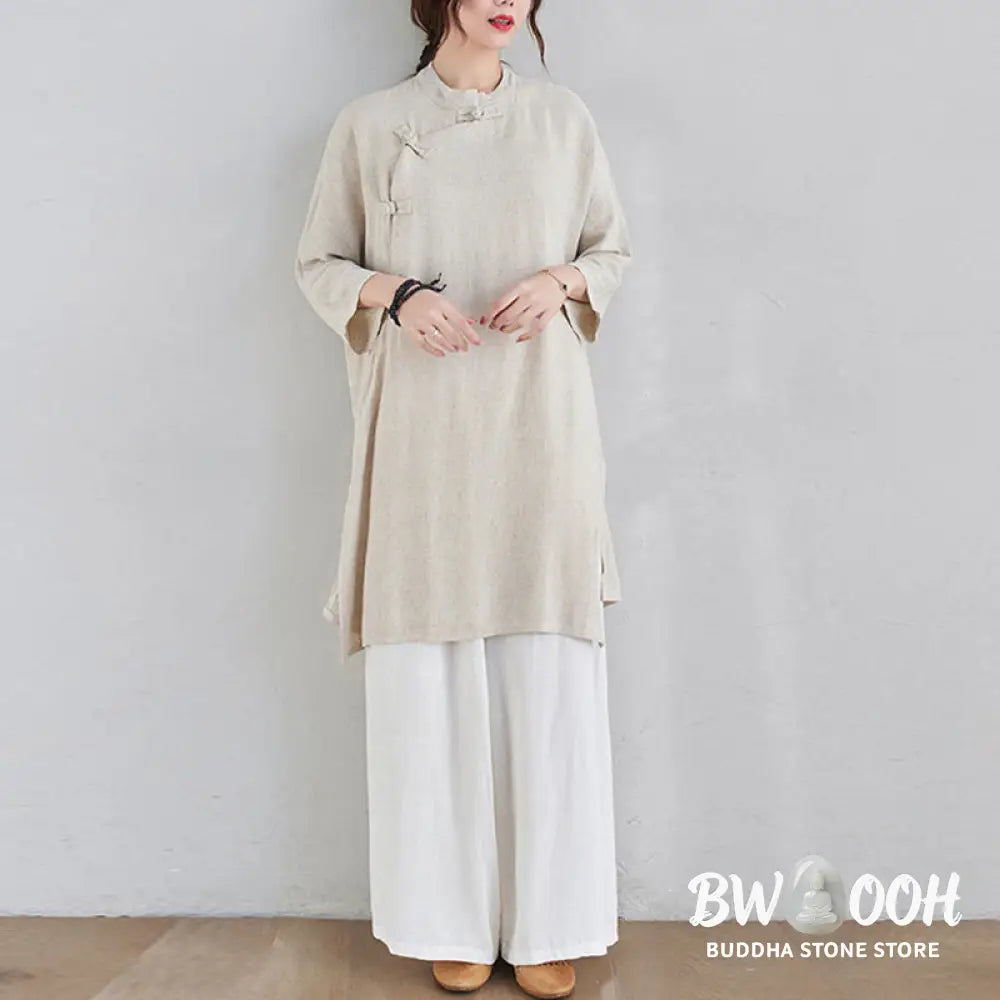 Buddha Stones 2Pcs Plain Design Zen Tai Chi Meditation Clothing Cotton Linen Top Pants Women’s Set - Clothes