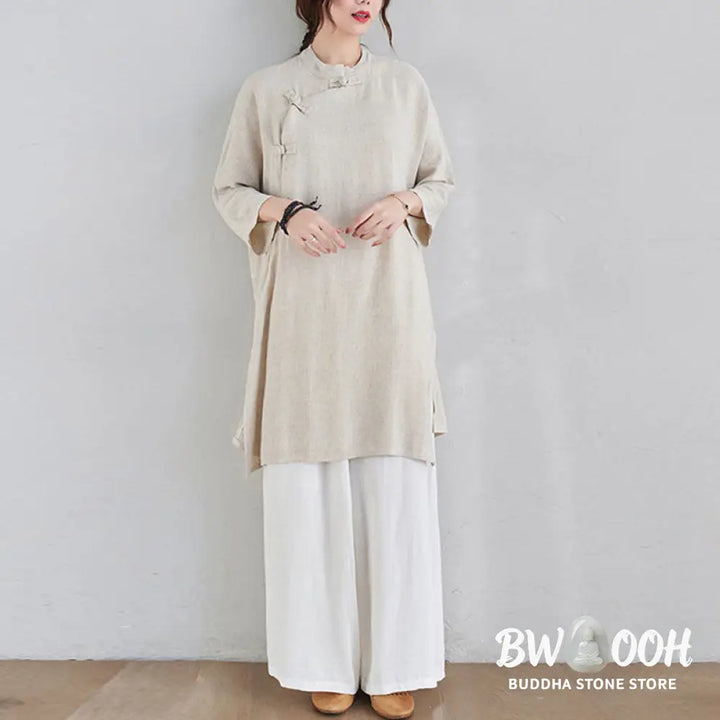 Buddha Stones 2Pcs Plain Design Zen Tai Chi Meditation Clothing Cotton Linen Top Pants Women’s Set - Clothes