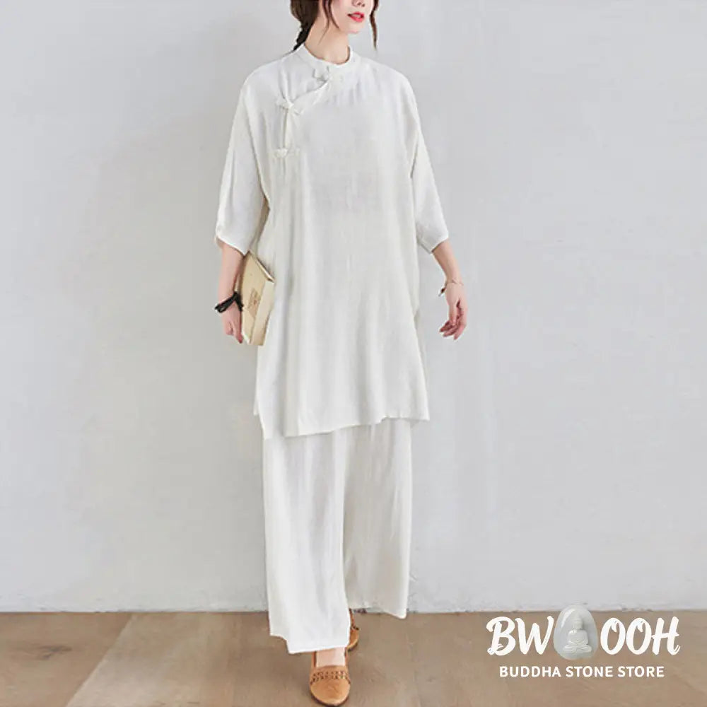 Buddha Stones 2Pcs Plain Design Zen Tai Chi Meditation Clothing Cotton Linen Top Pants Women’s Set - Clothes