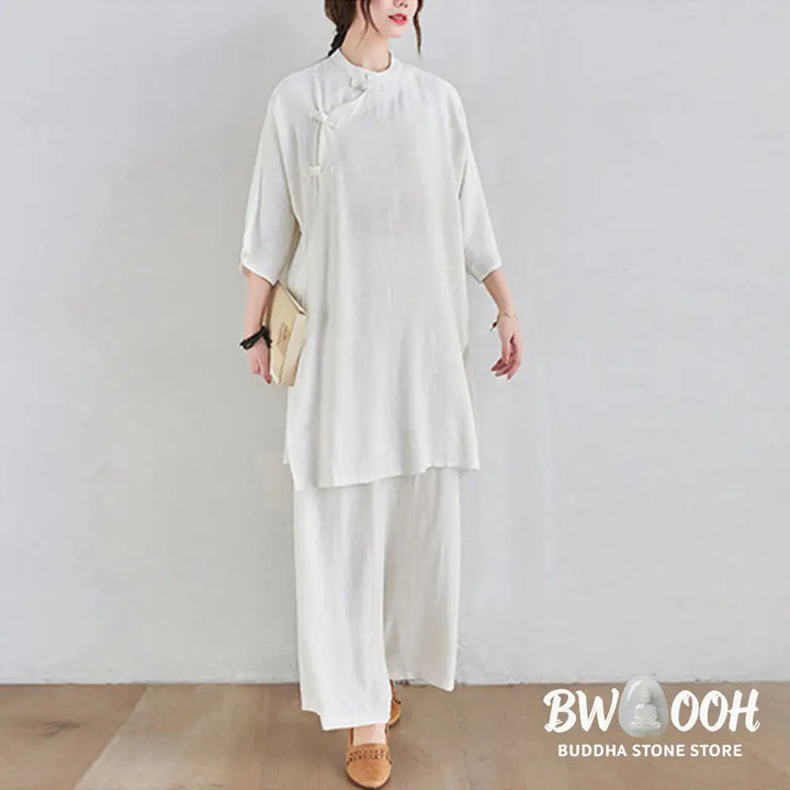 Buddha Stones 2Pcs Plain Design Zen Tai Chi Meditation Clothing Cotton Linen Top Pants Women’s Set - Clothes