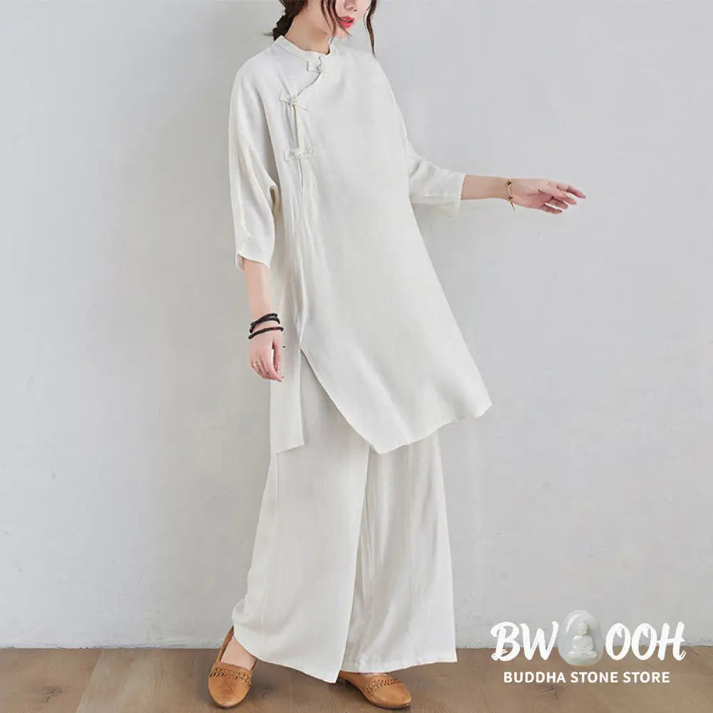 Buddha Stones 2Pcs Plain Design Zen Tai Chi Meditation Clothing Cotton Linen Top Pants Women’s Set - Clothes