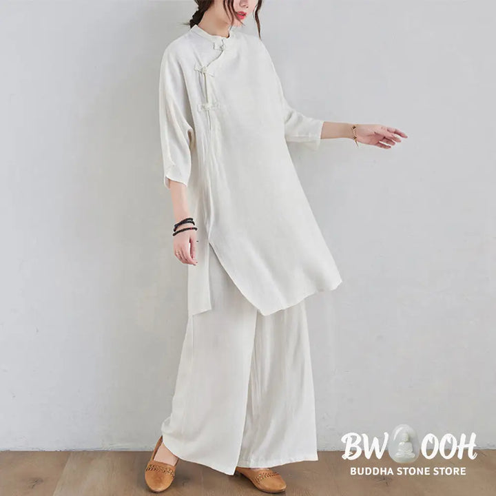 Buddha Stones 2Pcs Plain Design Zen Tai Chi Meditation Clothing Cotton Linen Top Pants Women’s Set - Clothes