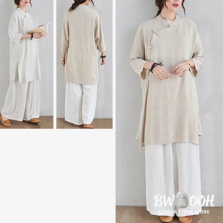 Buddha Stones 2Pcs Plain Design Zen Tai Chi Meditation Clothing Cotton Linen Top Pants Women’s Set - Clothes