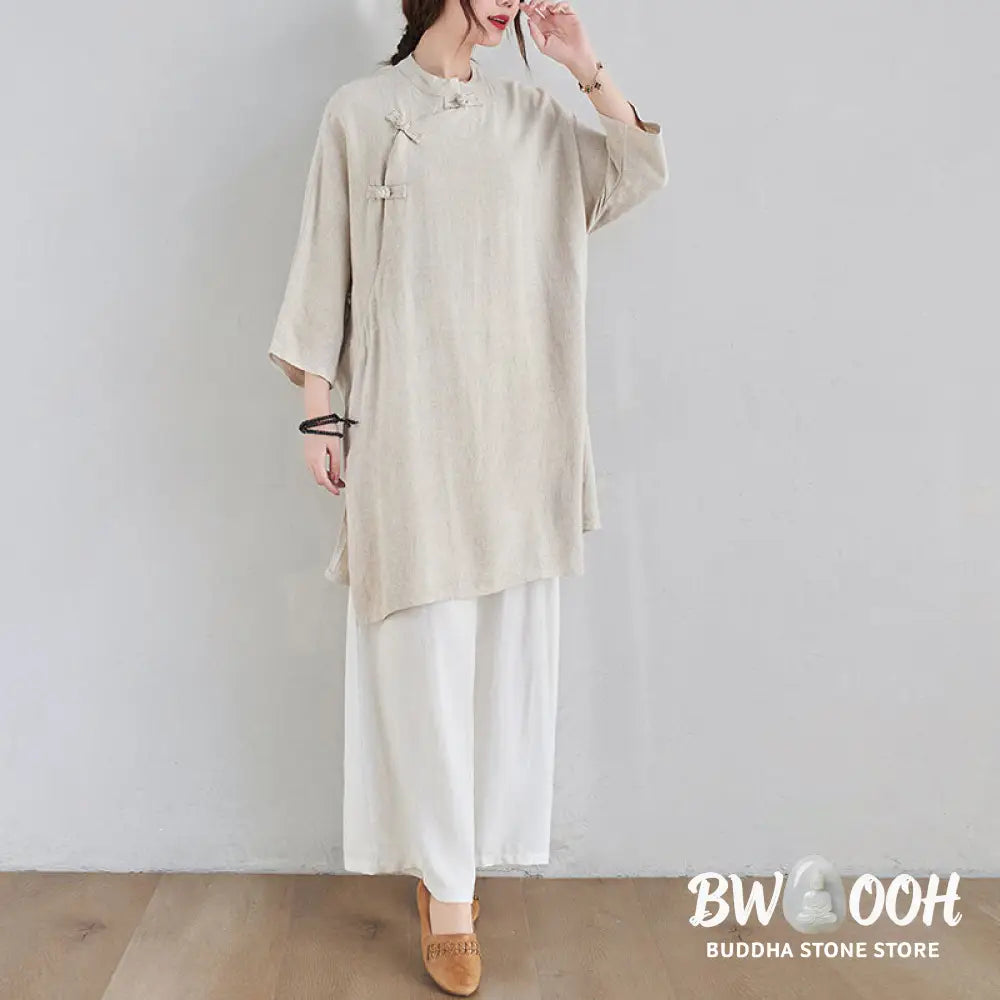 Buddha Stones 2Pcs Plain Design Zen Tai Chi Meditation Clothing Cotton Linen Top Pants Women’s Set - Clothes