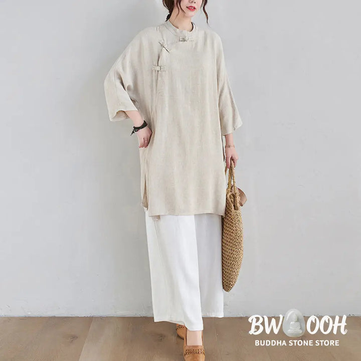 Buddha Stones 2Pcs Plain Design Zen Tai Chi Meditation Clothing Cotton Linen Top Pants Women’s Set - Clothes