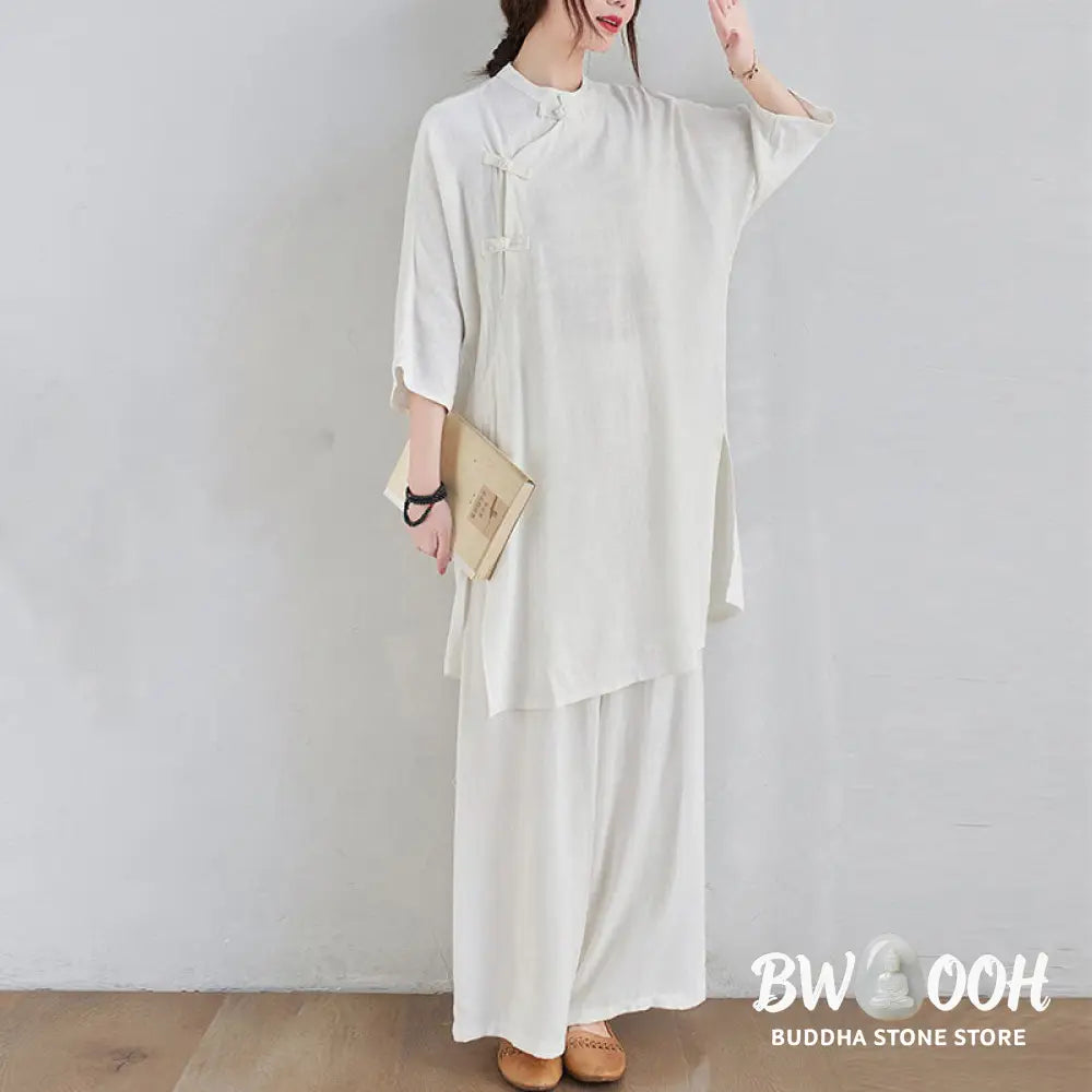 Buddha Stones 2Pcs Plain Design Zen Tai Chi Meditation Clothing Cotton Linen Top Pants Women’s Set - Clothes