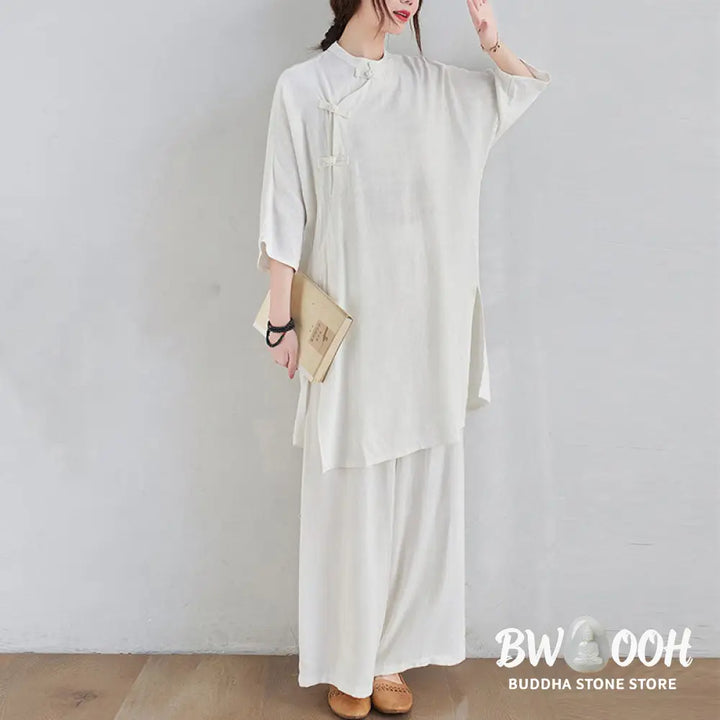 Buddha Stones 2Pcs Plain Design Zen Tai Chi Meditation Clothing Cotton Linen Top Pants Women’s Set - Clothes
