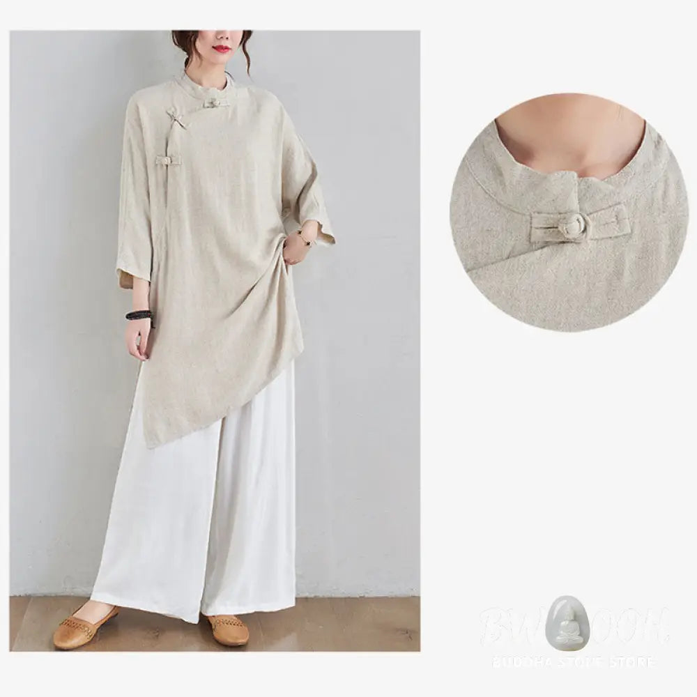 Buddha Stones 2Pcs Plain Design Zen Tai Chi Meditation Clothing Cotton Linen Top Pants Women’s Set - Clothes