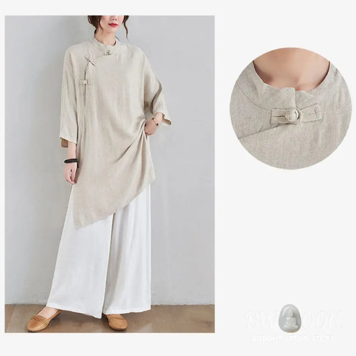 Buddha Stones 2Pcs Plain Design Zen Tai Chi Meditation Clothing Cotton Linen Top Pants Women’s Set - Clothes