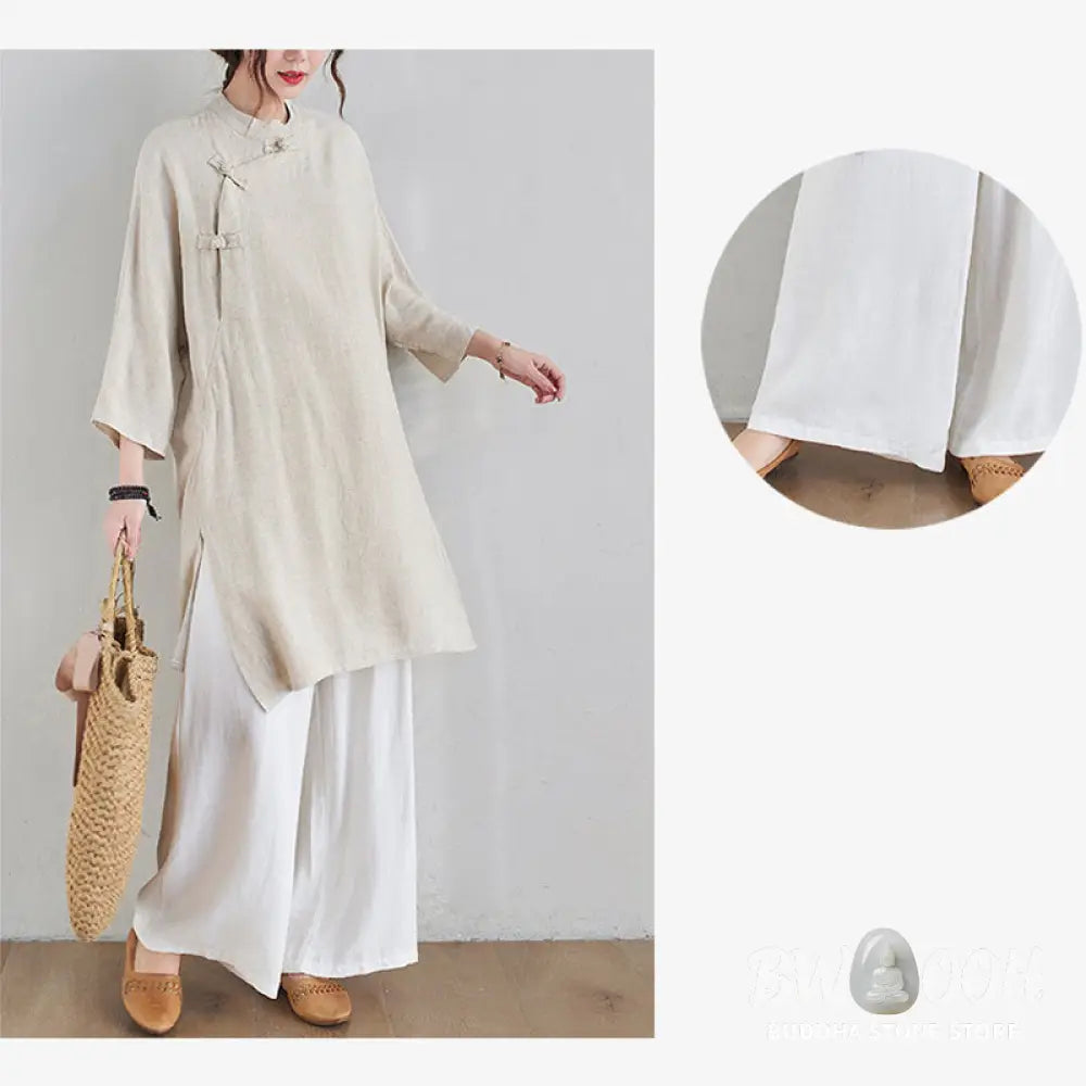 Buddha Stones 2Pcs Plain Design Zen Tai Chi Meditation Clothing Cotton Linen Top Pants Women’s Set - Clothes