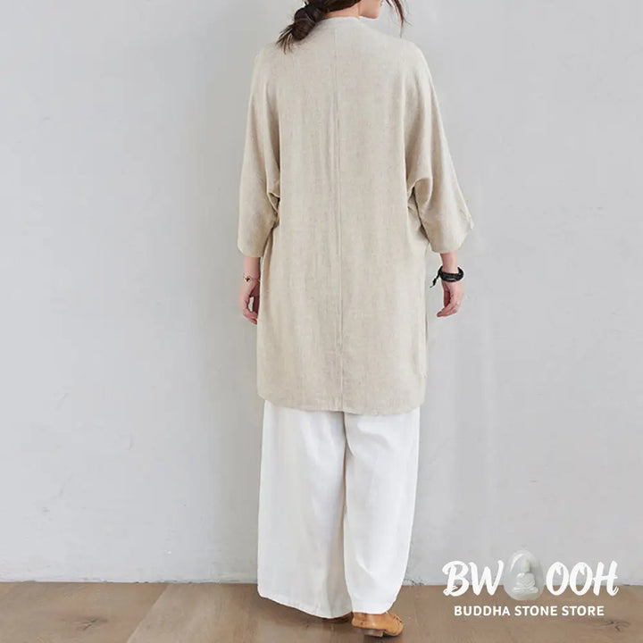 Buddha Stones 2Pcs Plain Design Zen Tai Chi Meditation Clothing Cotton Linen Top Pants Women’s Set - Clothes