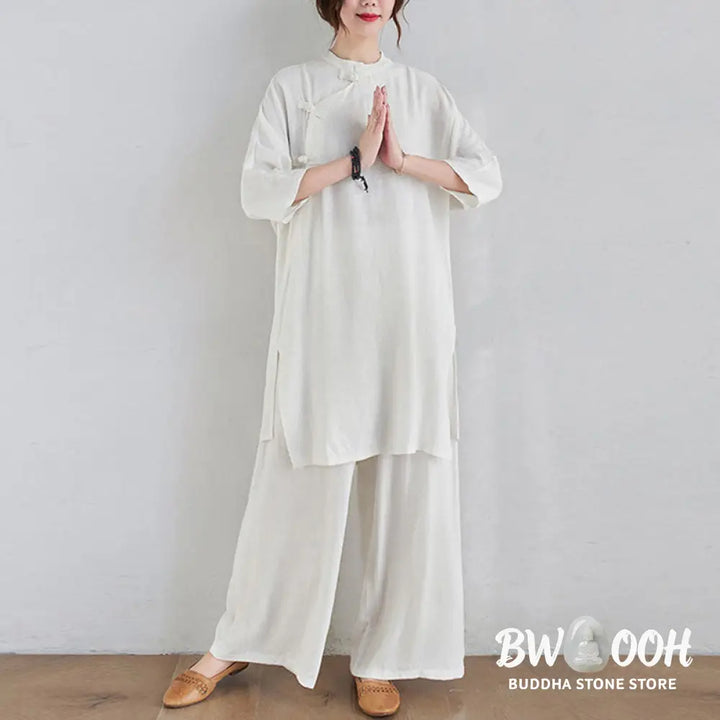 Buddha Stones 2Pcs Plain Design Zen Tai Chi Meditation Clothing Cotton Linen Top Pants Women’s Set - Clothes