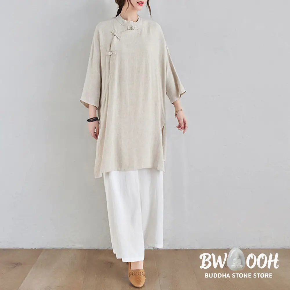 Buddha Stones 2Pcs Plain Design Zen Tai Chi Meditation Clothing Cotton Linen Top Pants Women’s Set - Clothes