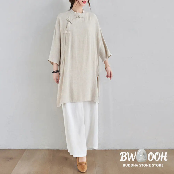 Buddha Stones 2Pcs Plain Design Zen Tai Chi Meditation Clothing Cotton Linen Top Pants Women’s Set - Clothes