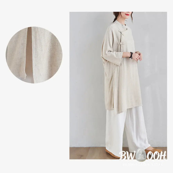 Buddha Stones 2Pcs Plain Design Zen Tai Chi Meditation Clothing Cotton Linen Top Pants Women’s Set - Clothes