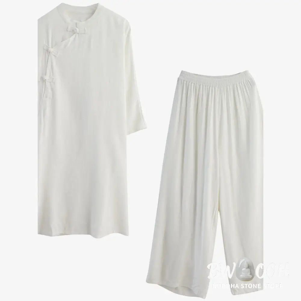 Buddha Stones 2Pcs Plain Design Zen Tai Chi Meditation Clothing Cotton Linen Top Pants Women’s Set - Clothes