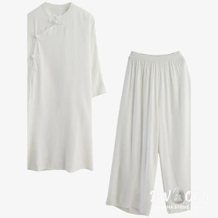 Buddha Stones 2Pcs Plain Design Zen Tai Chi Meditation Clothing Cotton Linen Top Pants Women’s Set - Clothes
