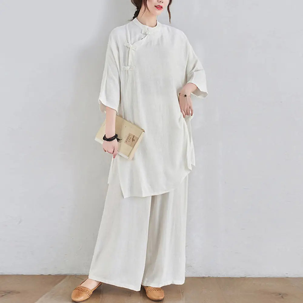 Buddha Stones 2Pcs Plain Design Zen Tai Chi Meditation Clothing Cotton Linen Top Pants Women’s Set - White(Top&amp;Pants)