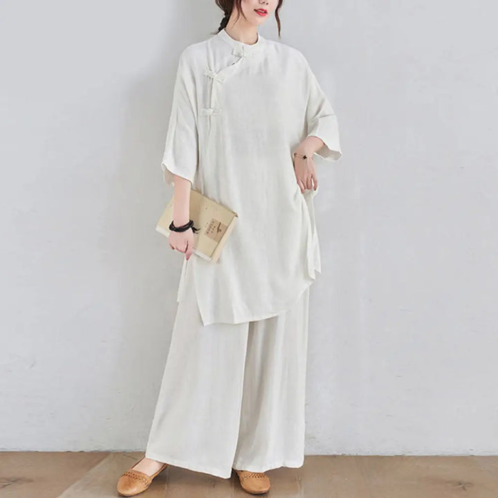 Buddha Stones 2Pcs Plain Design Zen Tai Chi Meditation Clothing Cotton Linen Top Pants Women’s Set - White(Top&amp;Pants)