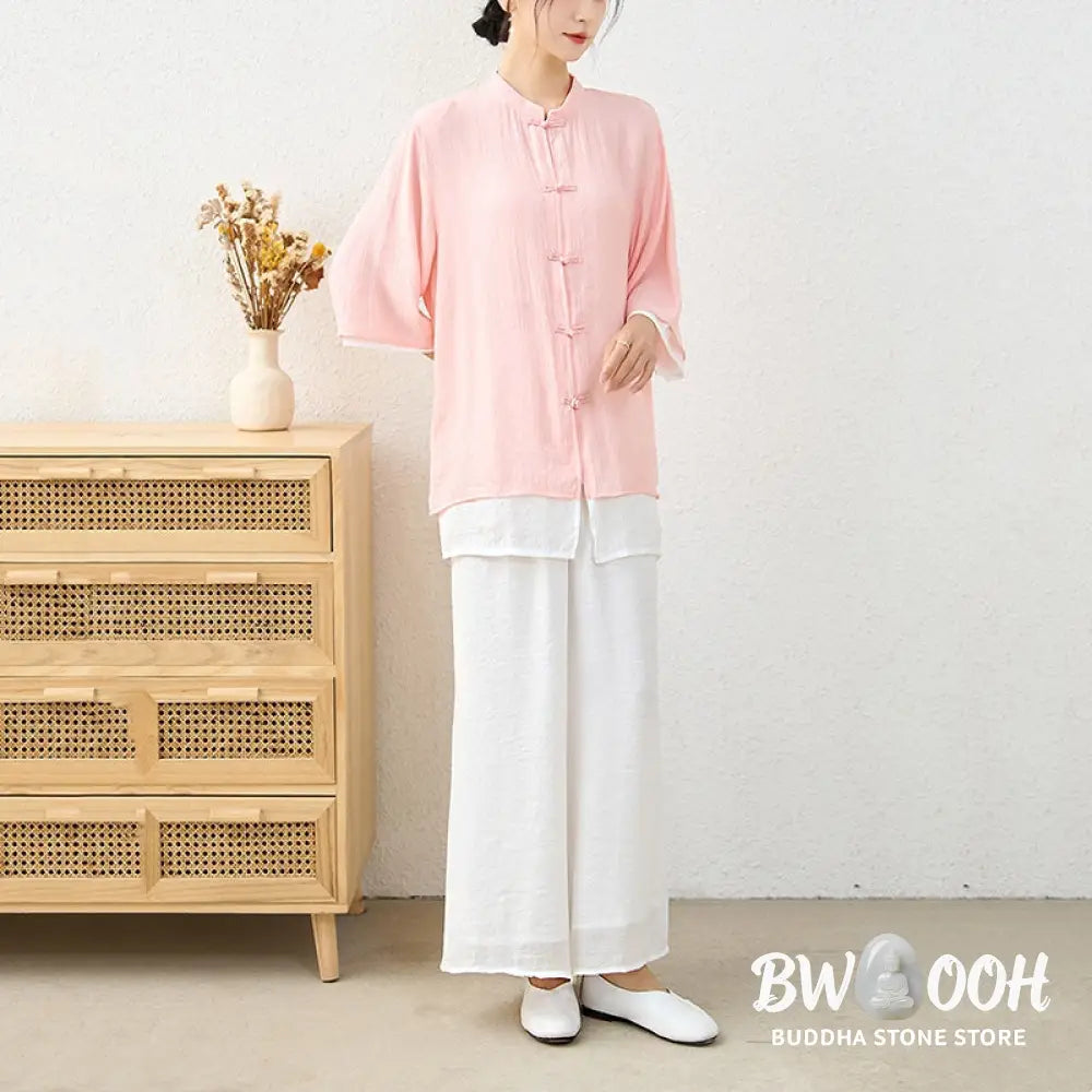 Buddha Stones 2Pcs Simple Chinese Frog Button Design Top Pants Meditation Yoga Zen Tai Chi Cotton Clothing Women’s Set