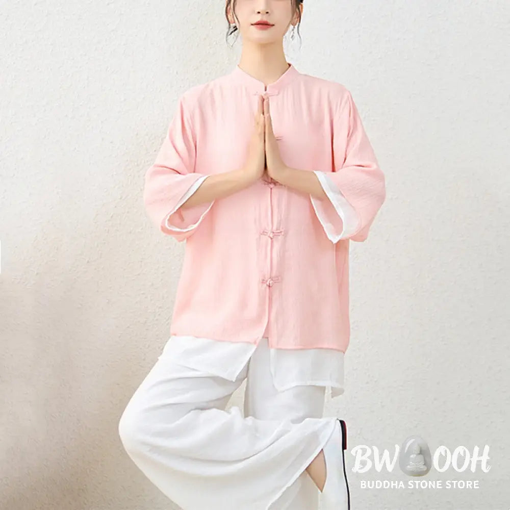 Buddha Stones 2Pcs Simple Chinese Frog Button Design Top Pants Meditation Yoga Zen Tai Chi Cotton Clothing Women’s Set