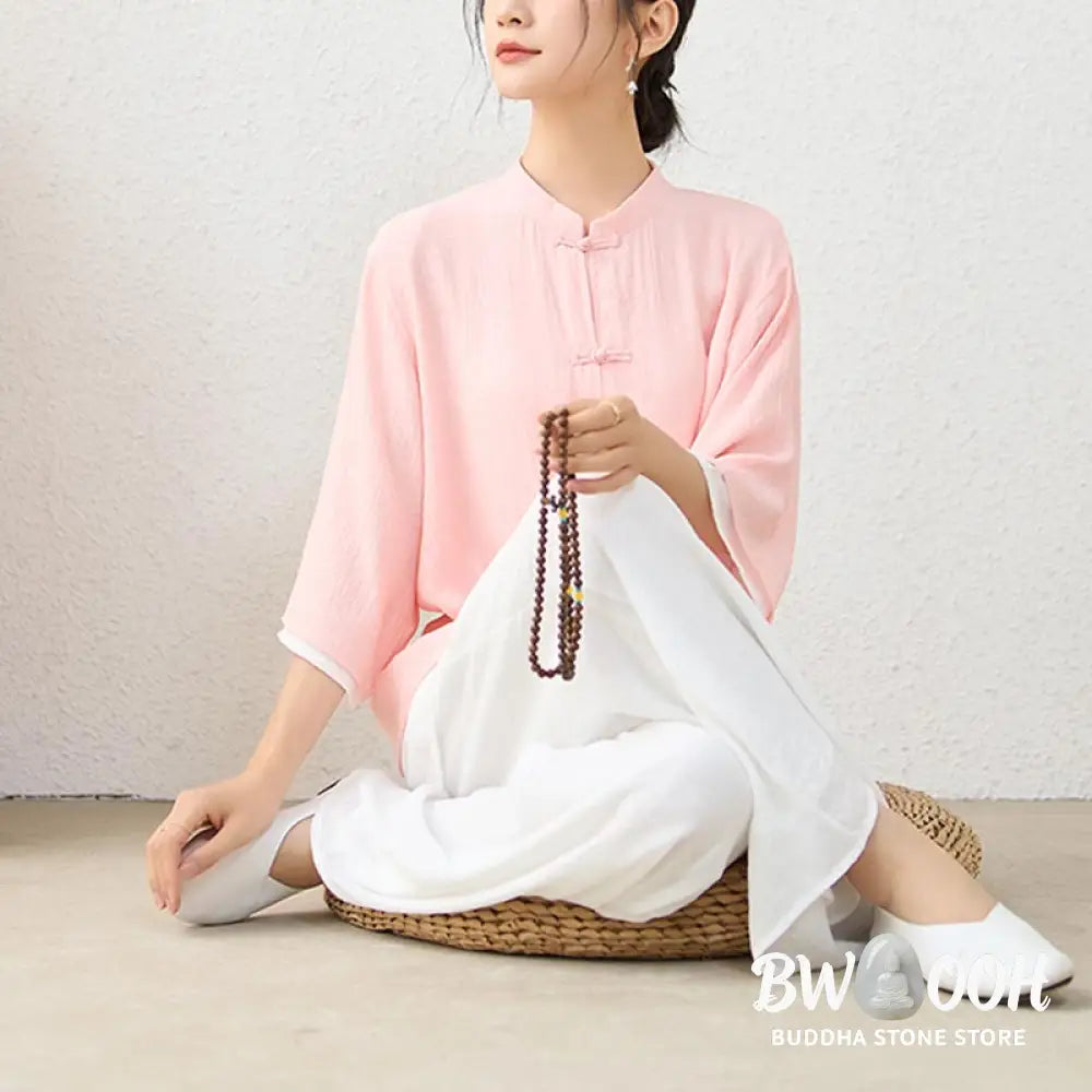 Buddha Stones 2Pcs Simple Chinese Frog Button Design Top Pants Meditation Yoga Zen Tai Chi Cotton Clothing Women’s Set