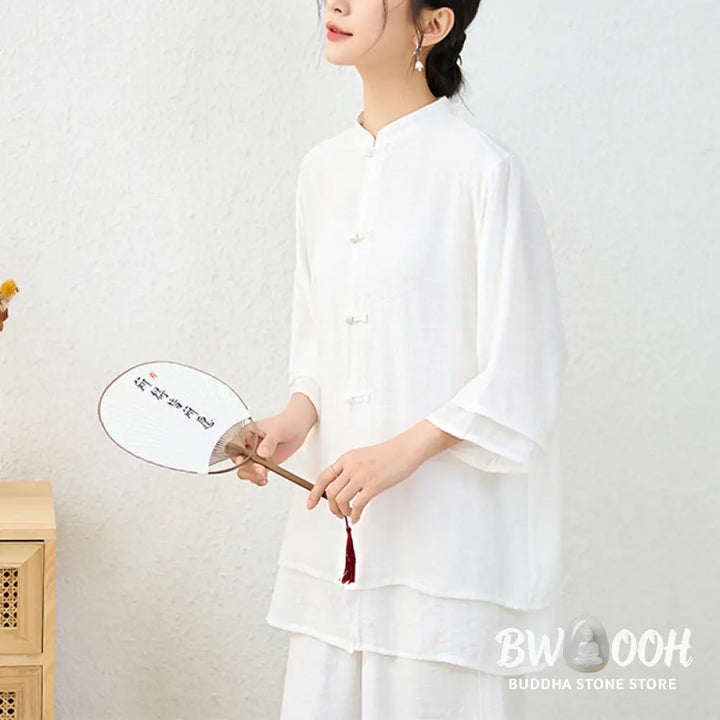 Buddha Stones 2Pcs Simple Chinese Frog Button Design Top Pants Meditation Yoga Zen Tai Chi Cotton Clothing Women’s Set