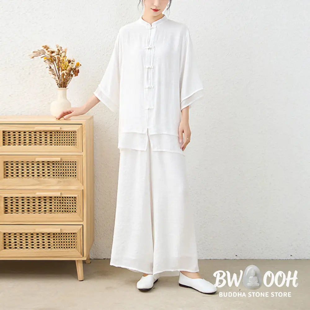 Buddha Stones 2Pcs Simple Chinese Frog Button Design Top Pants Meditation Yoga Zen Tai Chi Cotton Clothing Women’s Set