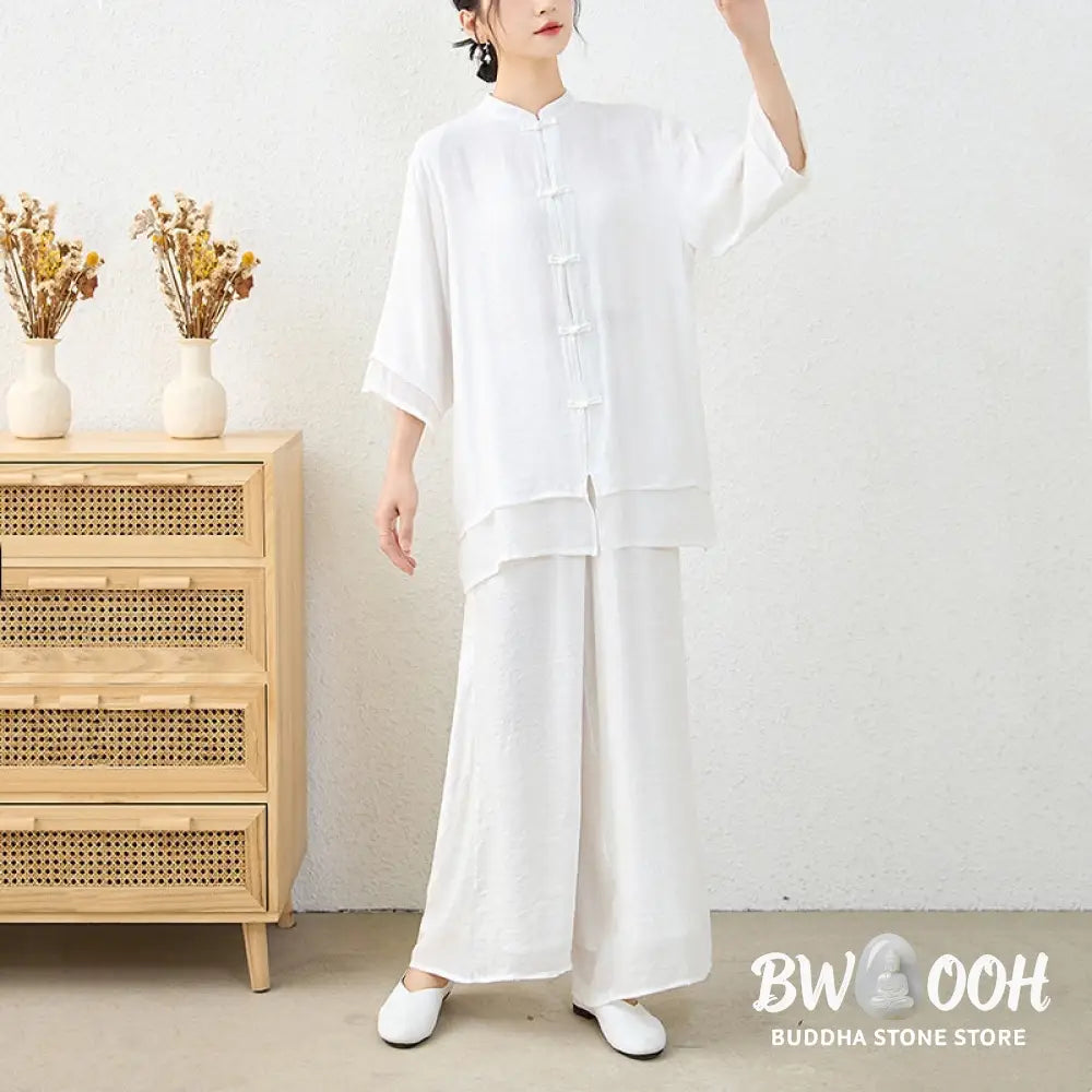 Buddha Stones 2Pcs Simple Chinese Frog Button Design Top Pants Meditation Yoga Zen Tai Chi Cotton Clothing Women’s Set