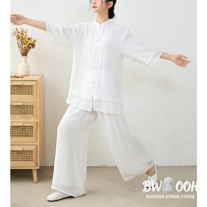 Buddha Stones 2Pcs Simple Chinese Frog Button Design Top Pants Meditation Yoga Zen Tai Chi Cotton Clothing Women’s Set