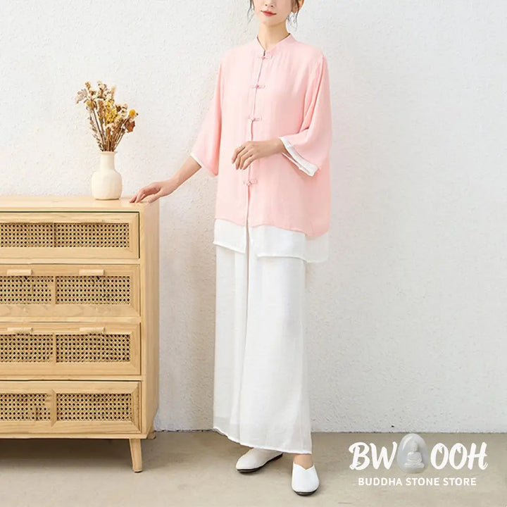 Buddha Stones 2Pcs Simple Chinese Frog Button Design Top Pants Meditation Yoga Zen Tai Chi Cotton Clothing Women’s Set