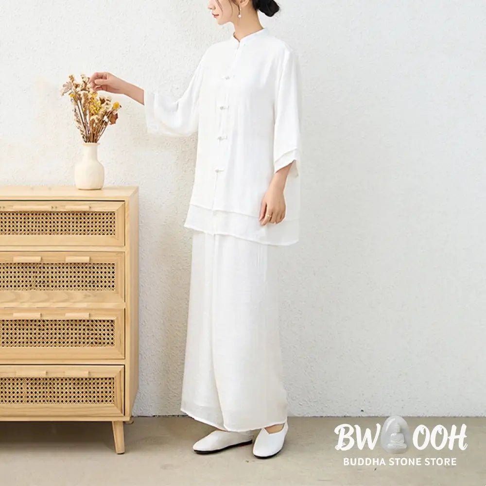 Buddha Stones 2Pcs Simple Chinese Frog Button Design Top Pants Meditation Yoga Zen Tai Chi Cotton Clothing Women’s Set