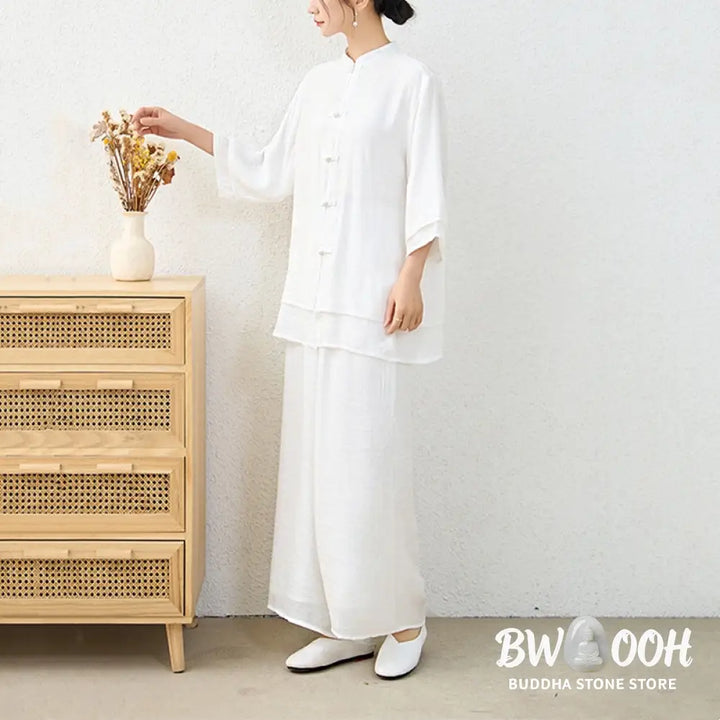 Buddha Stones 2Pcs Simple Chinese Frog Button Design Top Pants Meditation Yoga Zen Tai Chi Cotton Clothing Women’s Set
