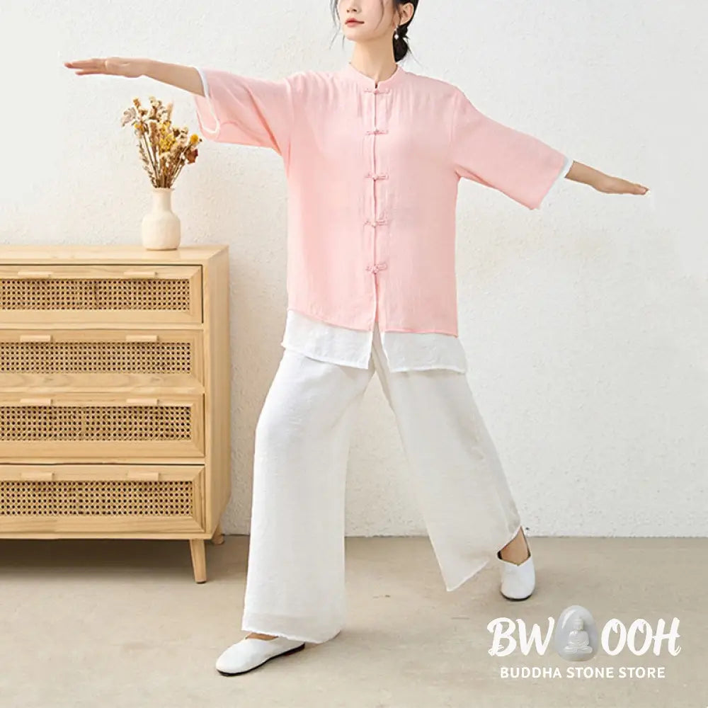 Buddha Stones 2Pcs Simple Chinese Frog Button Design Top Pants Meditation Yoga Zen Tai Chi Cotton Clothing Women’s Set