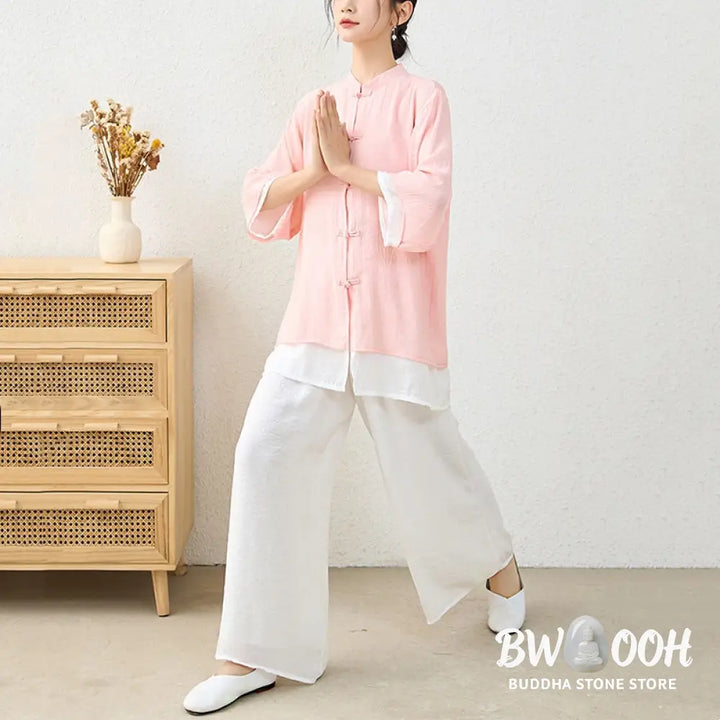 Buddha Stones 2Pcs Simple Chinese Frog Button Design Top Pants Meditation Yoga Zen Tai Chi Cotton Clothing Women’s Set